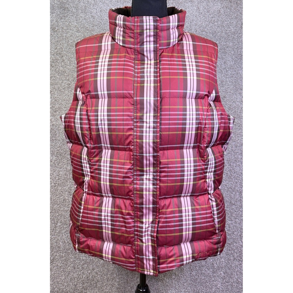 Eddie Bauer Puffer Vest Women XXL Red Plaid Goose Down Quilted Gilet Outdoor